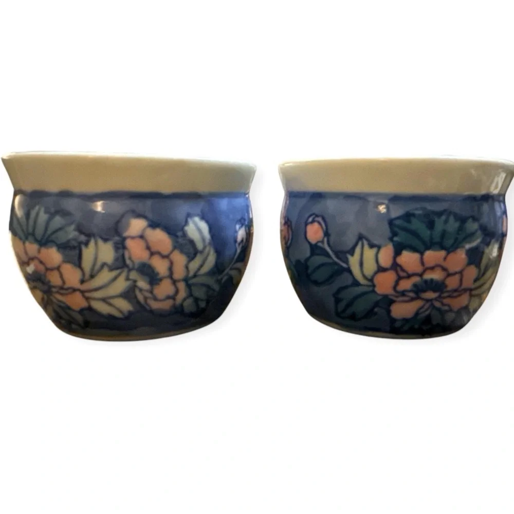 Vintage Antique Handcrafted Blue & Pink‎ Glazed Porcelain Tea Cup Set